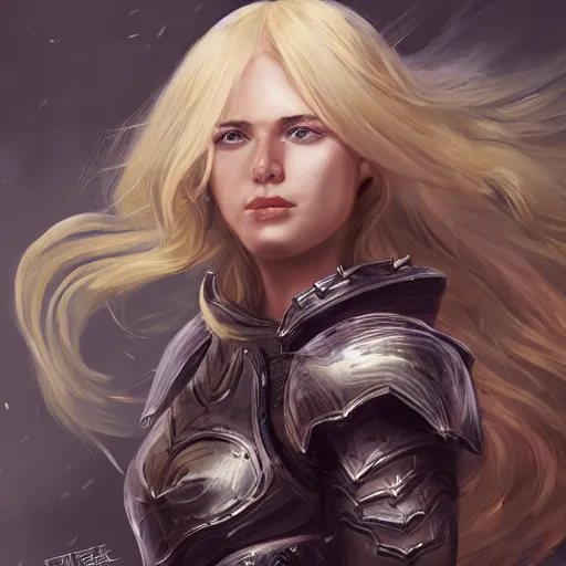 Prompt: a blonde - haired woman in heavy armor, aura of magic around her, gloomy atmosphere, trending on artstation, hyper detailed