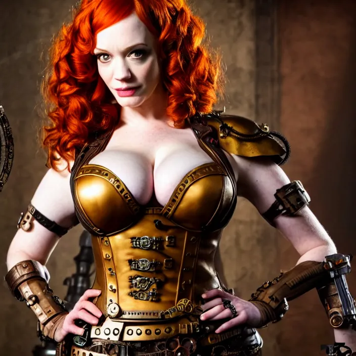 Prompt: full length photo of christina hendricks as a steampunk amazon warrior, highly detailed, 4 k, hdr, smooth, sharp focus, high resolution, award - winning photo