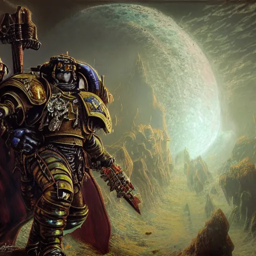 Image similar to photorealistic warhammer 4 0 k in the style of michael whelan and gustave dore. hyperdetailed photorealism, 1 0 8 megapixels, fully clothed, lunar themed attire, amazing depth, glowing rich colors, powerful imagery, psychedelic overtones, 3 d finalrender, 3 d shading, cinematic lighting, artstation concept art