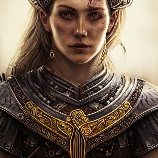 Image similar to Portrait of a majestic fierce viking woman, highly detailed, viking attire, gold plated chest plate, armor skirt, cinematic, 8k, 1080s, by Stanley Artgermm, Tom Bagshaw, Greg Rutkowski, Vincent di Fate, Carne Griffiths, Ayami Kojima, trending on DeviantArt, hyper detailed, full of color, digital art,