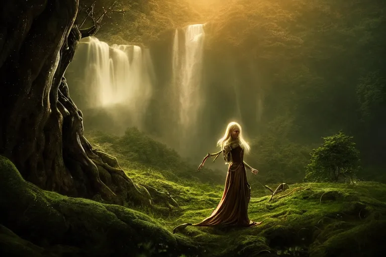 Prompt: an ultra realistic, cinematic, fantasy, headshot portrait, of an elden ring elf, fairy lights, facial features, background of a vast serene landscape, with trees and waterfalls, detailed, deep focus, movie still, dramatic lighting, ray tracing, by michal karcz and yoshitaka amano