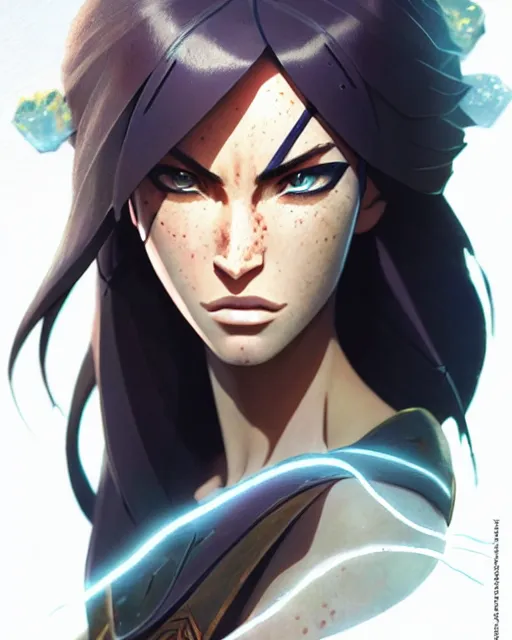 Image similar to azctec warrior, megan fox, gemstone forehead, detailed perfect face, exquisite details, fire magic, mid view, design on a white background, by studio muti, greg rutkowski makoto shinkai takashi takeuchi studio ghibli