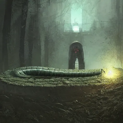 Image similar to a huge anaconda in a dark grave, horror ,digital art,realistic,detailed,art by greg rutkowski