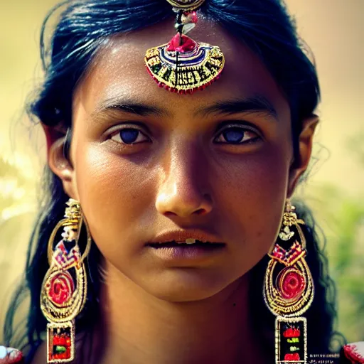 Prompt: portrait of a stunningly beautiful alluring nepalese tribal female, depth of field, zeiss lens, detailed, symmetrical, centered, fashion photoshoot, by annie leibovitz and steve mccurry, david lazar, jimmy nelsson, breathtaking, 8 k resolution, extremely detailed, beautiful, establishing shot, artistic, hyperrealistic, beautiful face, octane render