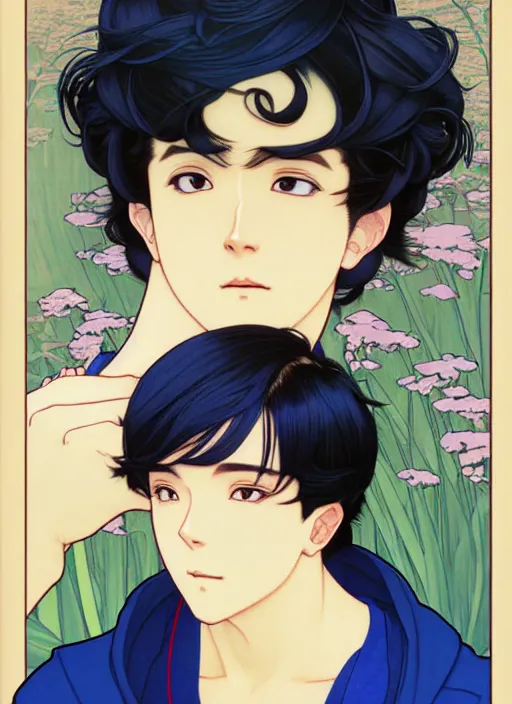 Image similar to handsome young man with short black hair, male, dressed in blue, looking down, half body shot, arms down, path traced, highly detailed, high quality, digital painting, by studio ghibli and alphonse mucha, hidari, art nouveau, chiho aoshima, posuka demizu, atey ghailan