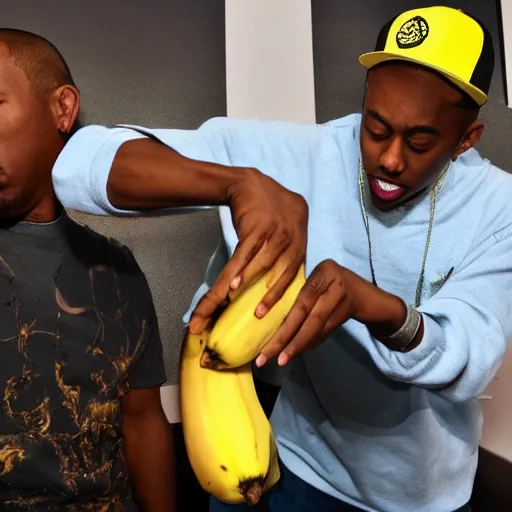 Prompt: Tyler the creator slips on a banana