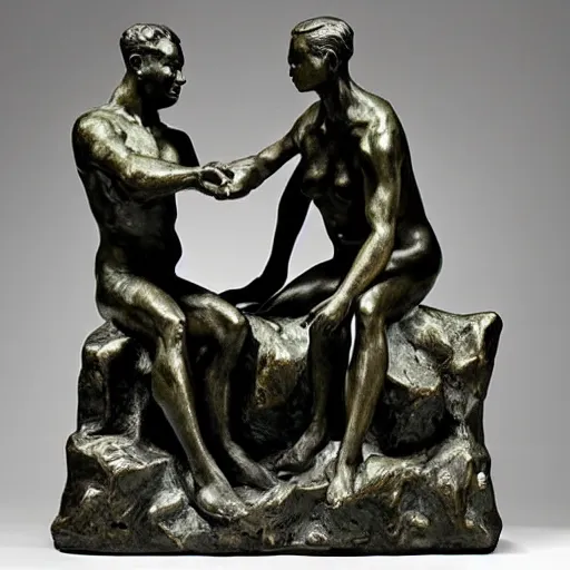 Image similar to sculpture, the conversation. surrealist, bronze statues, auguste rodin