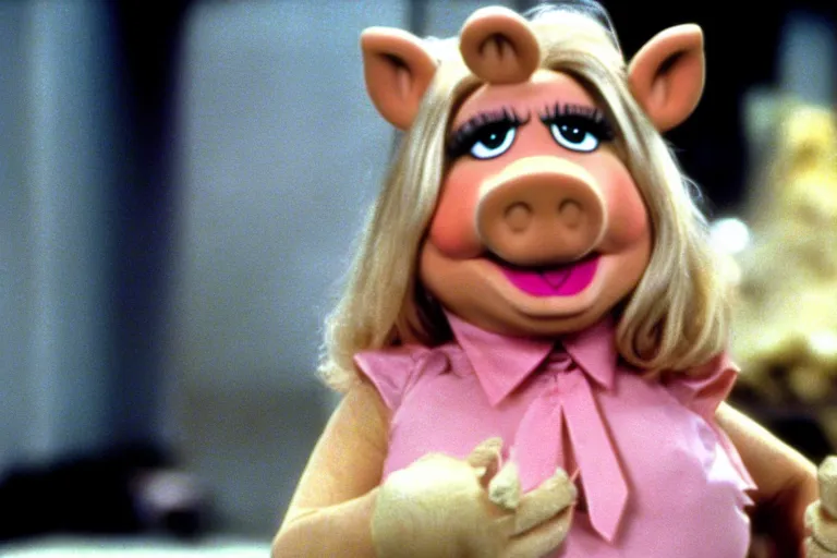 Image similar to movie still of miss piggy starring as trinity in the matrix 1 9 9 9 movie