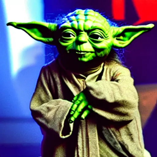 Prompt: photo of yoda with long hair, on stage, 8k