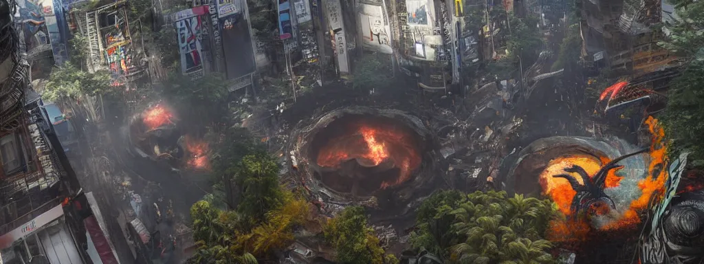 Image similar to large sinkhole in the middle of shibuya tokyo, with ancient glowing spiked wyvern flying creatures emerging from the hole, in the style of monster hunter world, like concept art on artstation, hyperdetailed, vray render, octane render,