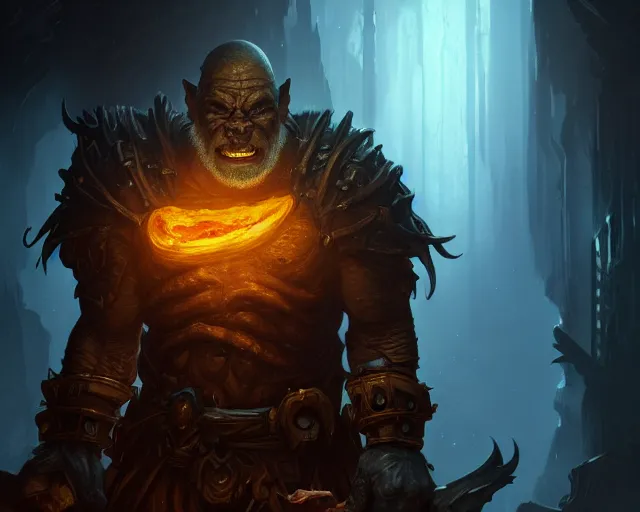 Image similar to a 4 k cinematic screenshot still portrait of a orc in a dark liminal space room surrounded by amber glow, deep focus, d & d, fantasy, intricate, elegant, highly detailed, digital painting, art station, concept art, matte, sharp focus, illustration, dark fantasy style art, hearthstone, art by artgerm and greg rutkowski and alphonse mucha