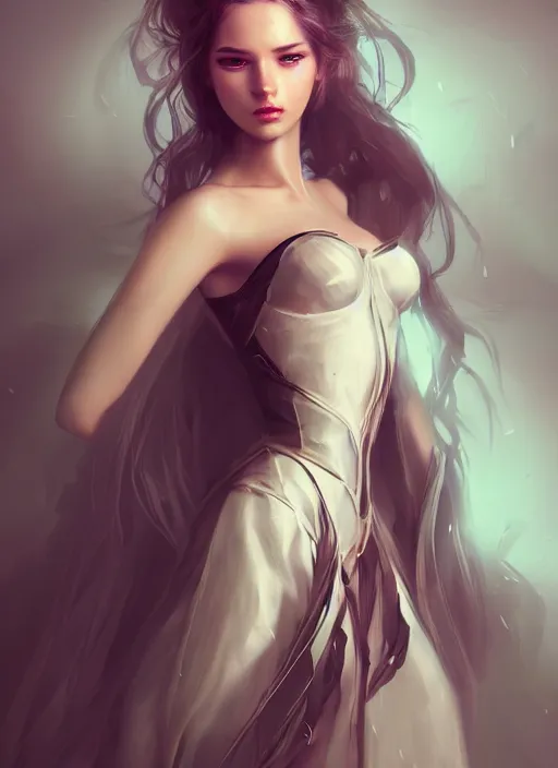 Image similar to beautiful fashion goddness, strapless dress, character portrait in the style of thomas river and artgerm, wlop, cinematic lighting, hyperdetailed, 8 k realistic, symmetrical, global illumination, radiant light, halo, love and mercy, frostbite 3 engine, cryengine, dof, trending on artstation, digital art, chanel