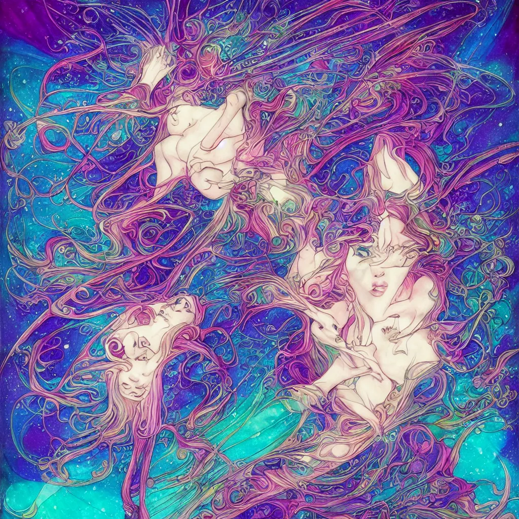 Image similar to in the holy ocean, kaleidoscope, psychedelic, cosmic energy by kelly mckernan, yoshitaka amano, hiroshi yoshida, moebius, artgerm, cool tone gothic colors, inspired by dnd, iridescent aesthetic