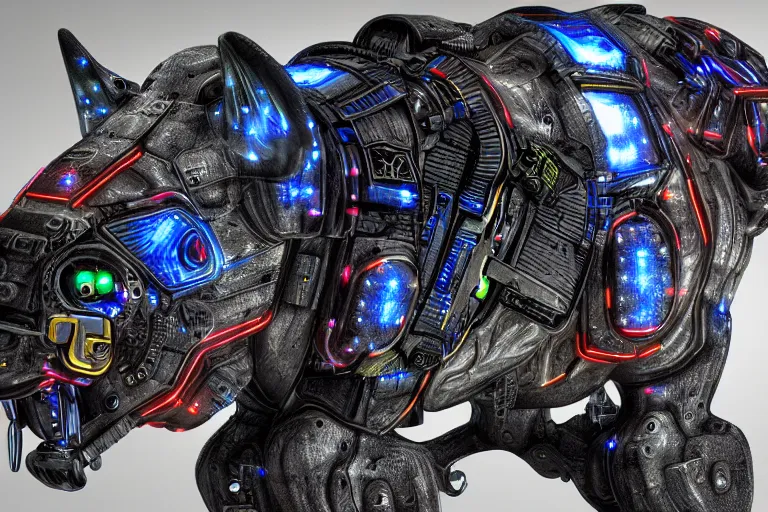 Image similar to a cybertronic bison, leds, high detail, sharp, studio, digital art