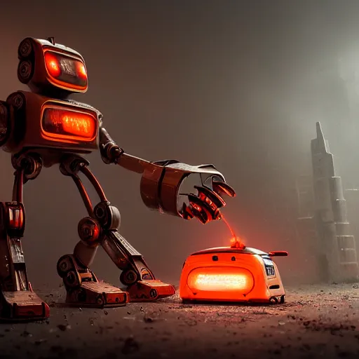 Prompt: toaster oven robot, mechanical, machine, octane render, sharp focus, hyper - realistic, intricate, detailed, eduard pronin, luka mivsek, ruan jia, dark messy smoke - filled cluttered workshop, dark, dramatic lighting, orange tint, sparks, cinematic, highly detailed, sci - fi, futuristic, movie still