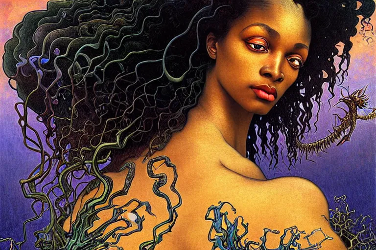 Image similar to realistic extremely detailed closeup portrait painting of a beautiful black woman, mutant dragon and a single old house on background by Jean Delville, Amano, Yves Tanguy, Alphonse Mucha, Ernst Haeckel, Edward Robert Hughes, Roger Dean, rich moody colours