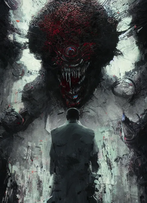 Image similar to Joe Biden grinning emperor of the world, high contrast, cosmic horror, abstract, masterpiece, trending on ArtStation, by Greg Rutkovski and by Craig Mullins and by David Cronenberg and by Ismail Inceoglu, very detailed, lovecraftian, dark, evil