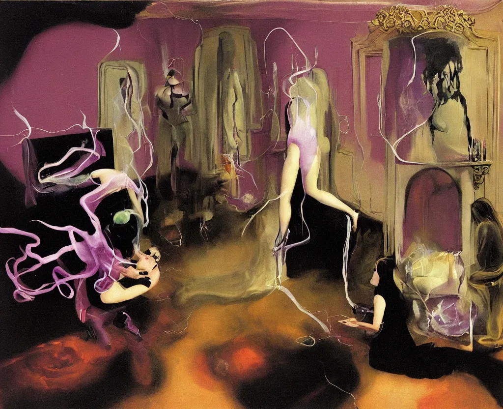 Image similar to One man and one woman attached by love in a living room of a house, floating dark energy surrounds the middle of the room. There is one living room plant to the side of the room, surrounded by a background of dark cyber mystic alchemical transmutation heavenless realm, cover artwork by francis bacon and Jenny seville, midnight hour, part by adrian ghenie, part by jeffrey smith, part by josan gonzales, part by norman rockwell, part by phil hale, part by kim dorland, palette knife texture, smudged paint, muted cold colors, artstation, highly detailed