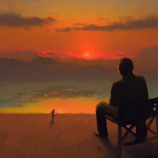 Image similar to a man watching a beautiful sunset, paint by Craig Mullins