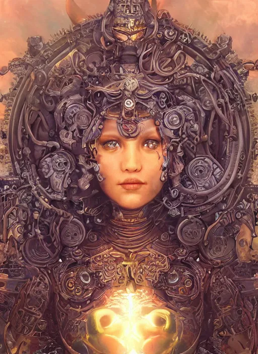 Image similar to ultradetailed ornate sci-fi RPG illustration of a beautiful symmetric Medusa radiating a glowing aura wearing a steampunk armor with much decorum, digital airbrush painting, 3d rim light, hyperrealistic masterpiece, artstation, cgsociety, kodakchrome, golden ratio