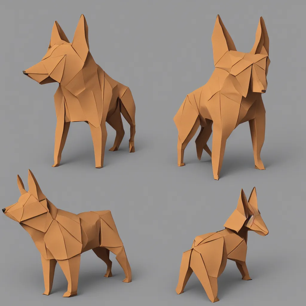 Image similar to 3 d rendering of japanese cardboard origami of simple shape of german shepherd, 2 d image, trending on artstation