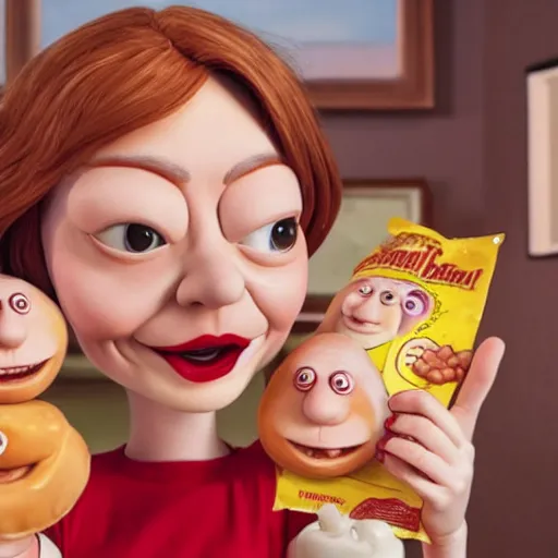 Image similar to hyperrealistic emma stone caricature surrounded by big fat frankfurter sausages by bob byerley and aardman animation, mascot, target reticles