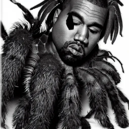 Image similar to kanye is a giant tarantula black and white photo