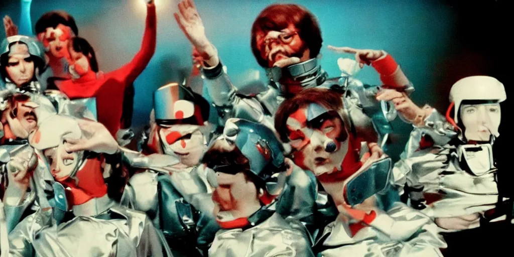 Image similar to color film still, android soldiers at the disco ; moon ( 1 9 7 7 )