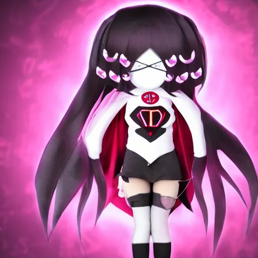 Image similar to cute fumo plush of a superheroine girl, magical girl, gothic maiden anime girl, glowing writing glyphs, velvet, vray