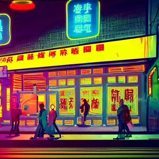 Prompt: cyberpunk street corner at night with neon signs in chinese, a McDonald's restaurant, people walking the street in the style of Edward Hopper