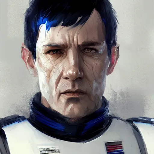 Prompt: portrait of a man by greg rutkowski, blue skin, short black hair in military style, tall, star wars expanded, universe, he is about 5 0 years old, wearing white colored imperial admiral uniform, artstation hq