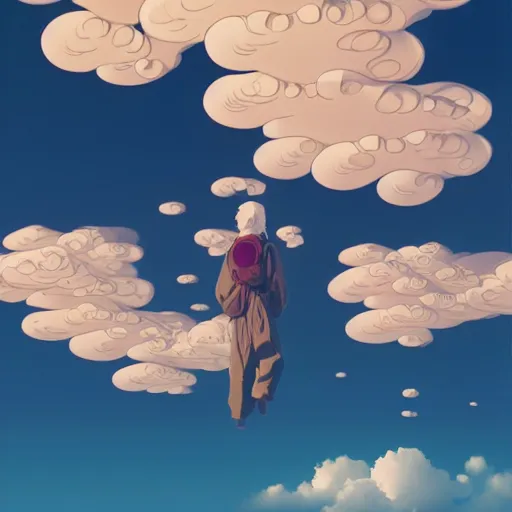 Image similar to a man walking on clouds above kyoto by takashi murakami, beeple and james jean, aya takano color style, 4 k, super detailed