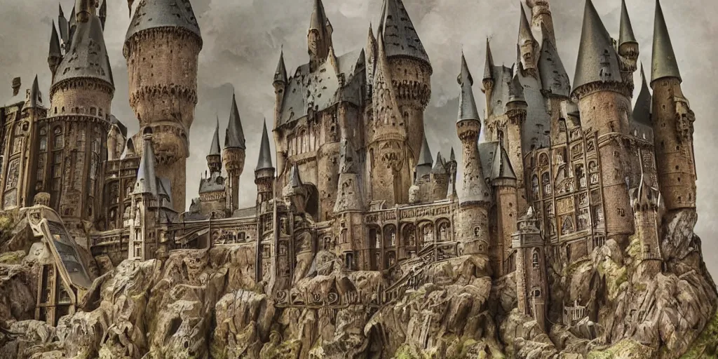 Image similar to insanely detailed long shot of hogwarts castle, intricate