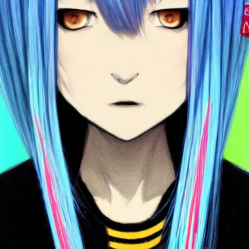 Image similar to profile shot of rimuru tempest, sky blue straight hair, long bangs, gold eyes, amber irises, wearing a black jacket with white stripes, high collar, ultra detailed, wild brush strokes, digital painting, cinematic, wlop, pixiv, color block, eerie, scary, yoshitaka amano, ilya kuvshinov, andy warhol