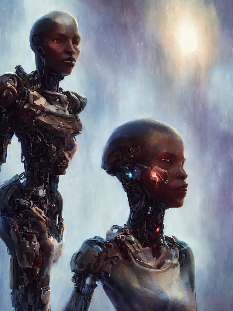 Image similar to a cyberpunk longshot portrait of one tall stunning african cyborg model, in the movie The Arrival, award-winning, masterpiece, in the style of Peter Mohrbacher