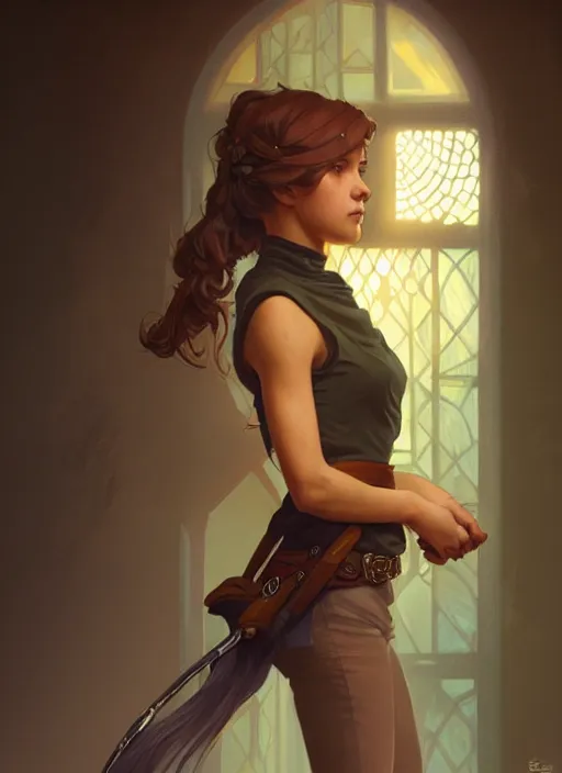 Image similar to portrait of a full body of beautiful young female detective, d & d, sleeveless turtleneck, fantasy, flat lighting, intricate, highly detailed, digital painting, artstation, concept art, smooth, sharp focus, illustration, art by simon bisley and greg rutkowski and alphonse mucha, natural tpose