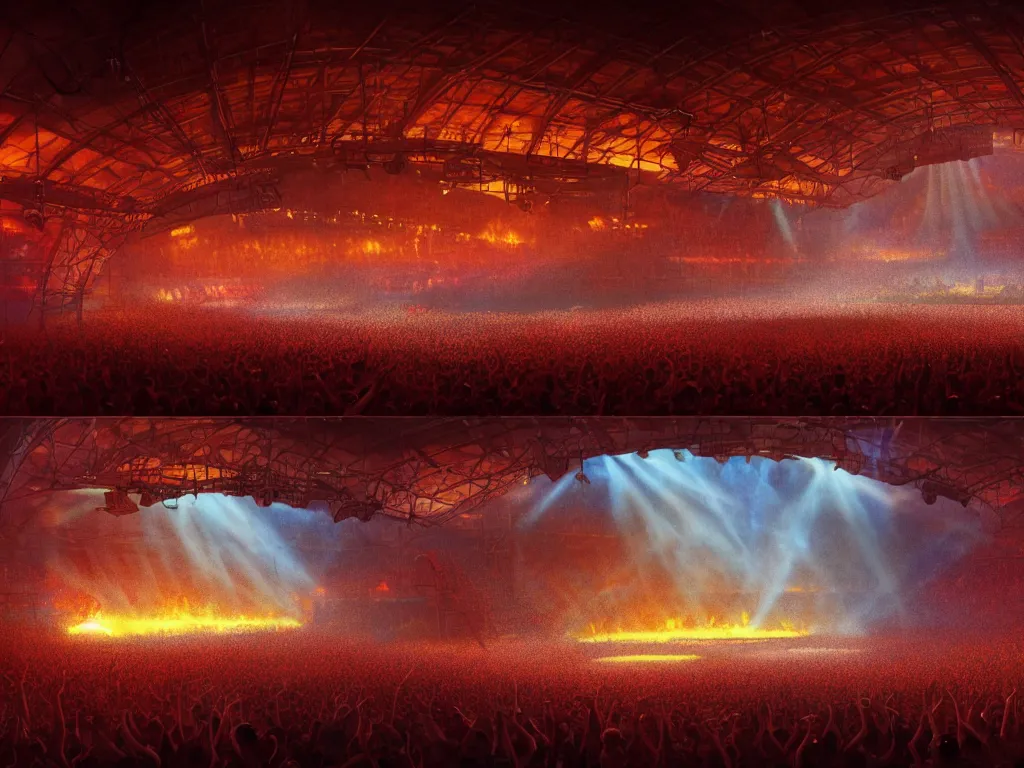 Image similar to a large concert stadium in hell, brightly lit stage centered and on fire, high contrast, stage lighting, pyrotechnics, ghibli animated film, volumetric lighting, octane render by stanley artgerm lau, greg rutkowski, thomas kindkade, alphonse mucha, loish, norman rockwel,