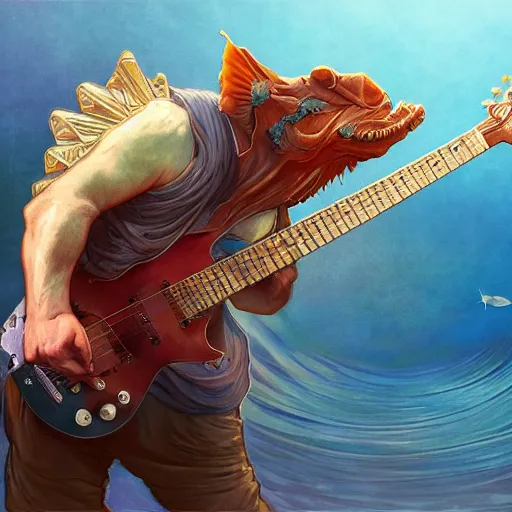 Image similar to guitar being eaten by a large fish, highly detailed digital painting, artstation, concept art, smooth, sharp focus, illustration, art by artgerm and greg rutkowski and alphonse mucha