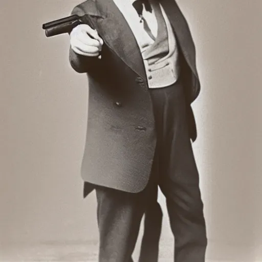 Image similar to Photograph of a man with a stern look dressed in a 1920s attire. He is pointing a gun and seems mentally unstable. 4K, dramatic lighting