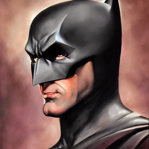 Image similar to An ultra-realistic portrait painting of Batman in the style of Frank Frazetta. 4K. Ultra-realistic. Highly detailed. Dark fantasy. Epic lighting.