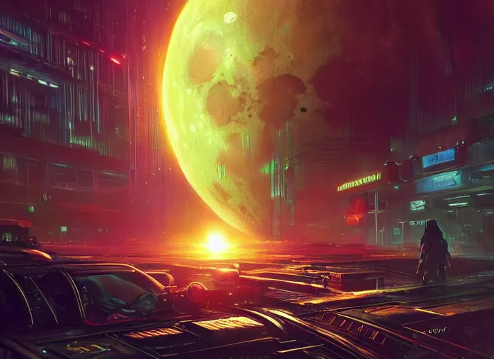 Image similar to The moon exploding into a nuclear fusion explosion cyberpunk 2077 loading screen, intricate, dystopian, fantasy, extremely detailed, digital painting, artstation, concept art, smooth, sharp focus, illustration, intimidating lighting, incredible art by artgerm and greg rutkowski and alphonse mucha and simon stalenhag