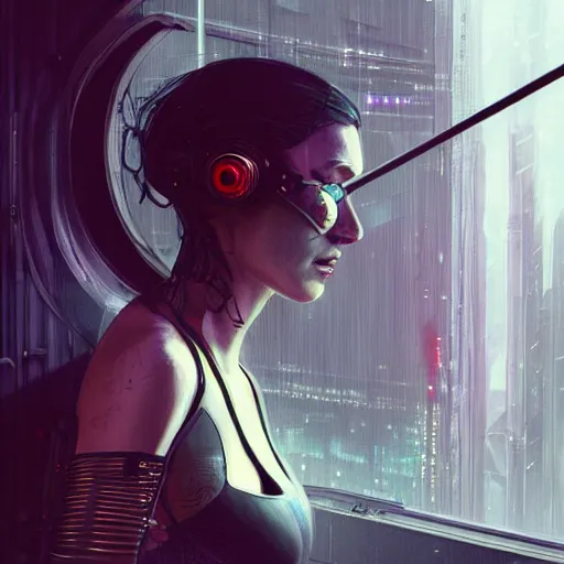 Image similar to portrait of cyberpunk woman looking out of a window, cyberpunk setting, futuristic, highly detailed, intricate lighting, digital painting, sharp focus, illustration, trending on artstation, art by greg rutkowski.