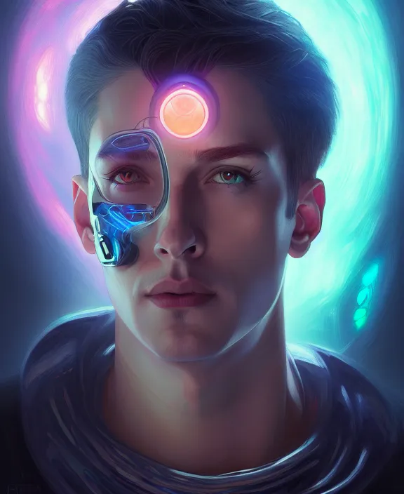 Image similar to a whirlwind inside the metaverse, guy, male, man, hologram, half body, neurochip, android, cyborg, cyberpunk face, by loish, d & d, fantasy, intricate, elegant, highly detailed, colorful, digital painting, artstation, concept art, art by artgerm and greg rutkowski and alphonse mucha