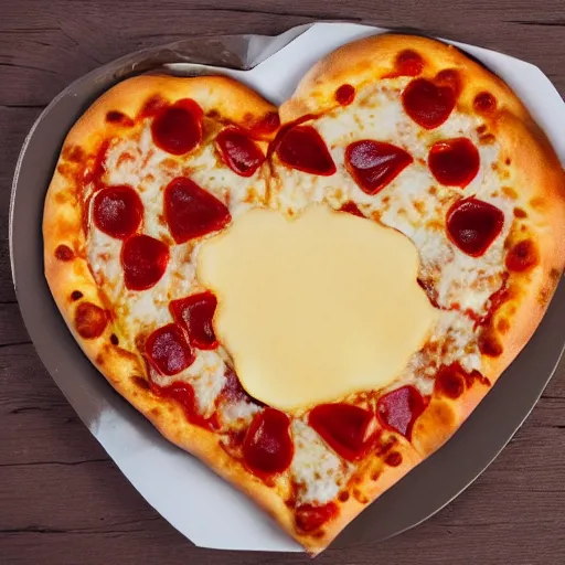 Prompt: heart shaped magerhita pizza with alot of cheese, 4 - 5 cherry tomata served on a wooden plate