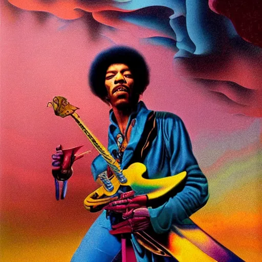 Prompt: colour portrait masterpiece photography of jimi hendrix full body shot by annie leibovitz, ultrawide angle, moebius, josh kirby, weird epic complex biomorphic 3 d fractal landscape in background by roger dean and syd mead and killian eng and james jean and giger and beksinski, greg hildebrandt, 8 k