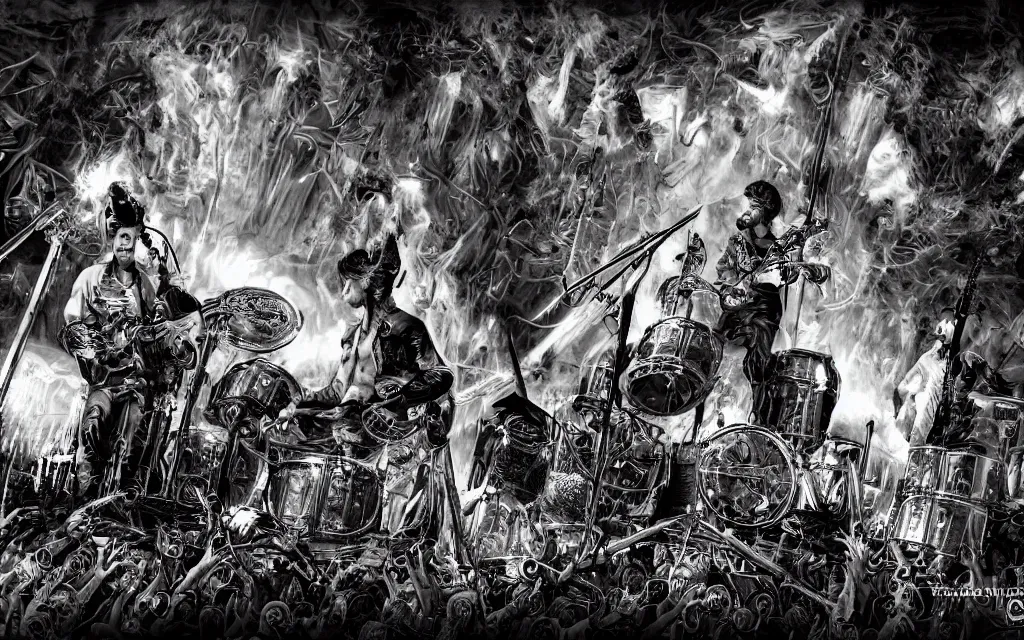 Image similar to khamenei playing drums in heavy metal band in hell hanged bodies in horizon, high definition, trending on artstation, unreal engine, photorealistic, high resolution,, trending on deviantart, hdr, hyper detailed, insane details, intricate, elite, ornate, elegant, luxury, dramatic lighting