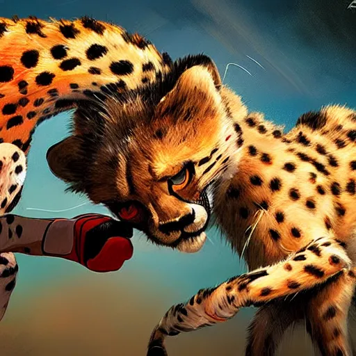 Image similar to cheetah boxing, high resolution, award winning, artstation, concept art, vivid colors,