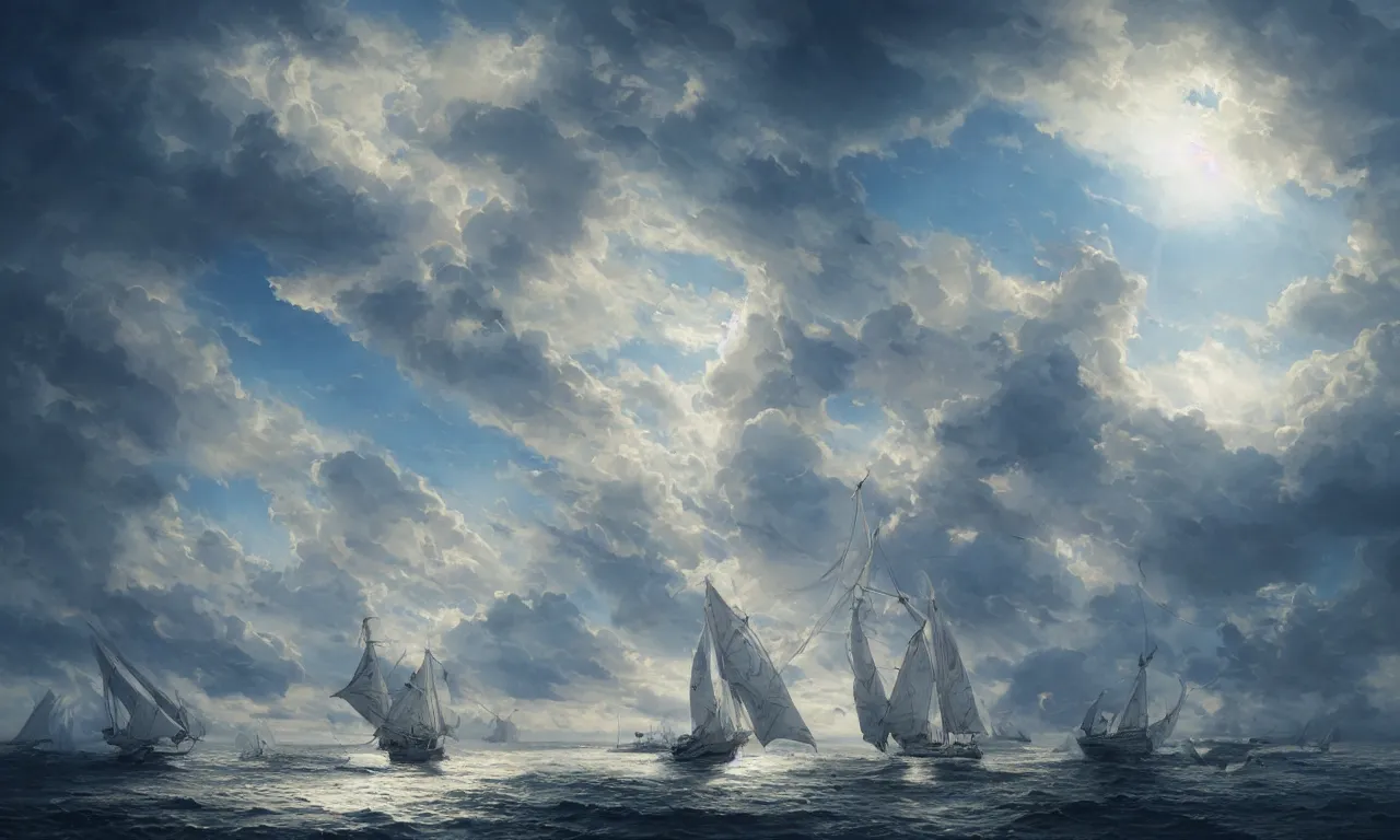 Image similar to a beautiful digital painting of a white caravel in the clouds, birds flying in the sunlight, numerous intricated sails, blue sky at sunset, elegant, highly detailed, artstation, concept art, matte, sharp focus, art by tom bagshaw, kelogsloops and greg rutkowski