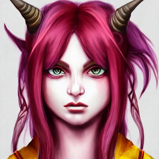 Image similar to a portrait of a cute tiefling girl with a scar along her face, red hair, skin colour purple, horns from her head, yellow eyes, cleric, dnd art, fantasy, digital art, high quality.