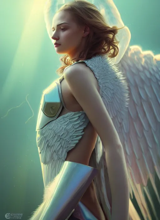 Prompt: angel with big wings, low key light, full plate armor with cloth, f 1 6, bokeh, extreme close up portrait, gentle, female, mountain, storm, god rays, landscape, d & d, fantasy, elegant, teal pink white gold color palette, concept art, moebius, greg rutkowski, alphonse mucha